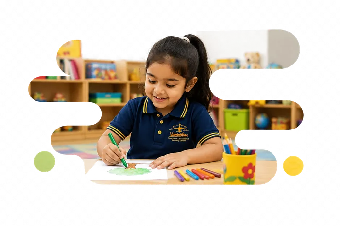 Child doing creative art activity at Vasishtha School