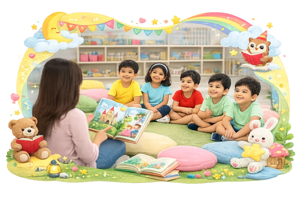 Children enjoying a storytelling session at Vasishtha Activity Centre
